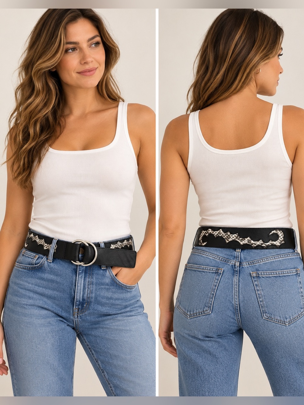 GUESS Black Genuine Leather with Snakeskin Inlay Vintage Y2K Sz L Belt 42”